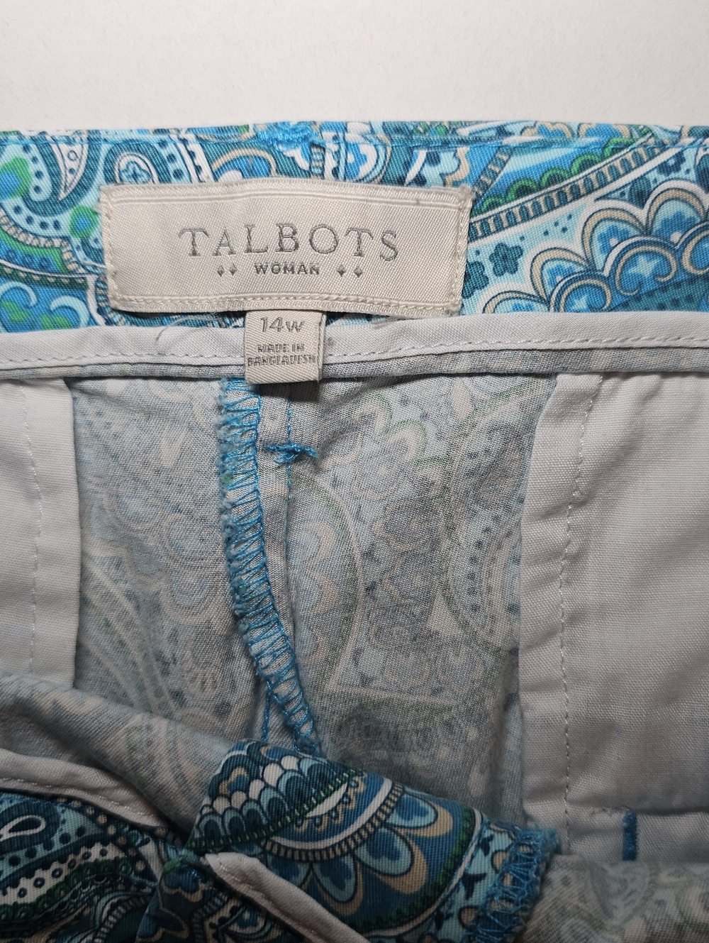 Talbots Womens Casual Pants Size 14 W Blue Paisley Cotton Cropped - Picture 6 of 10
